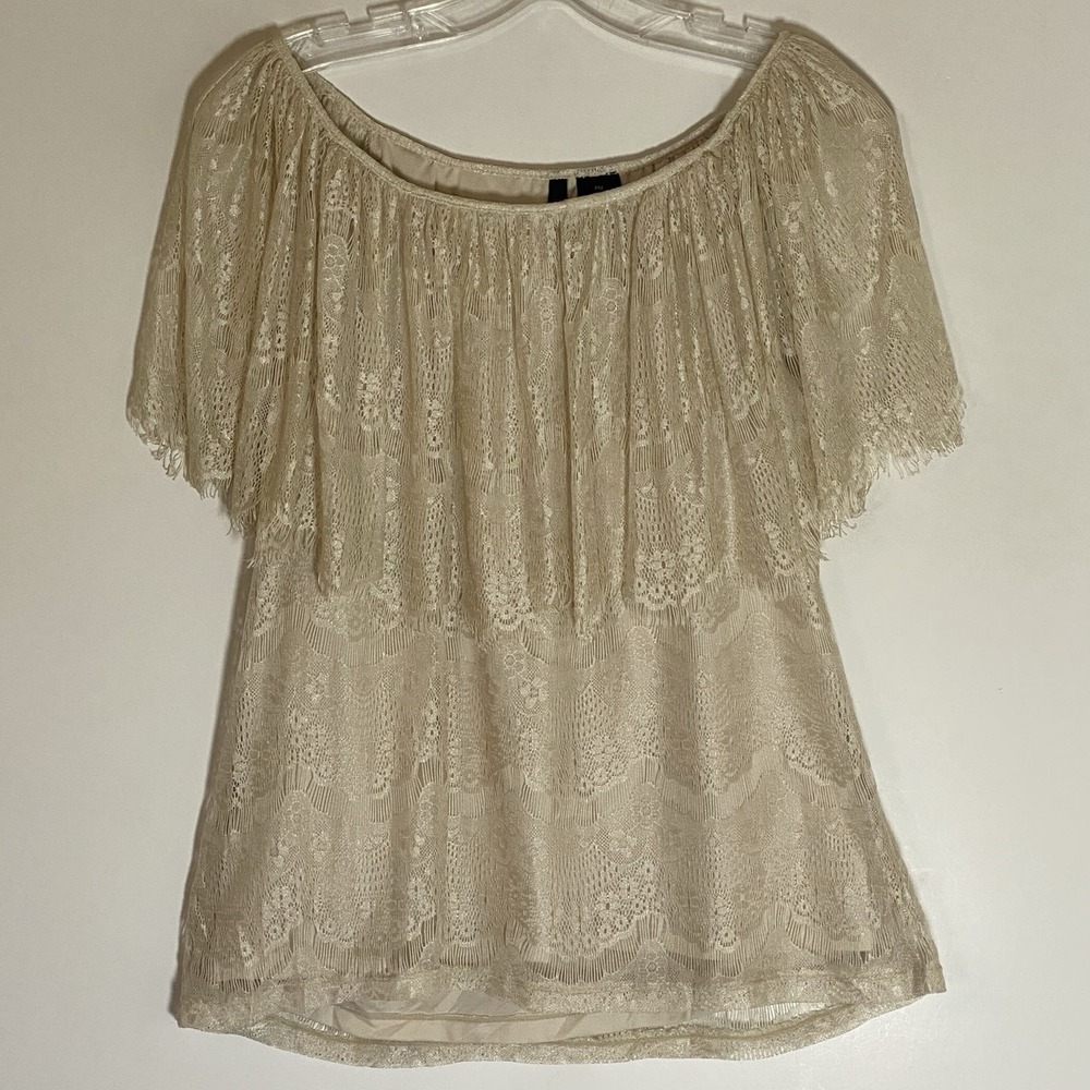 New Directions Top Womens Petite Medium Cream Lace Off Shoulder Romantic Peasant